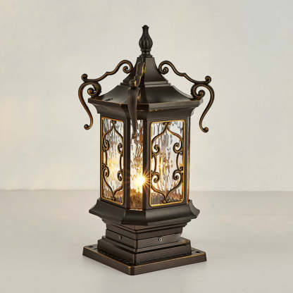 European Cubic Ripple Glass Aluminum Carved Frame Post Light