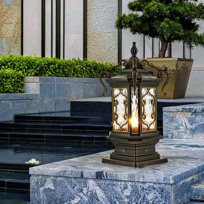 European Cubic Ripple Glass Aluminum Carved Frame Post Light — 110V-120V For US/CA
