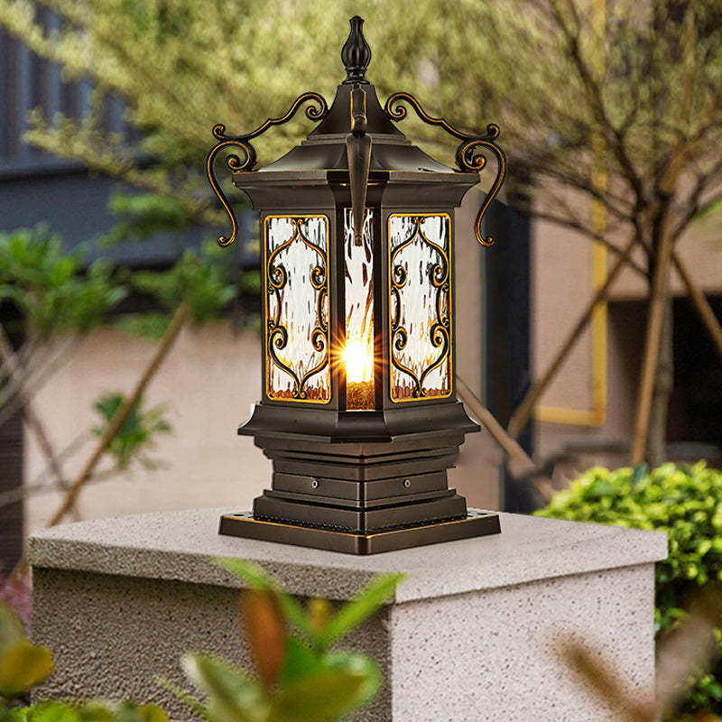 European Cubic Ripple Glass Aluminum Carved Frame Post Light — 220V-240V For UK/AU