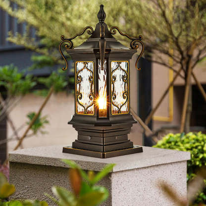 European Cubic Ripple Glass Aluminum Carved Frame Post Light — 220V-240V For UK/AU