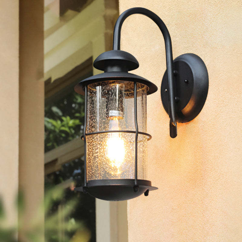 Contemporary Iron Frame Glass Cylinder Outdoor Wall Sconce