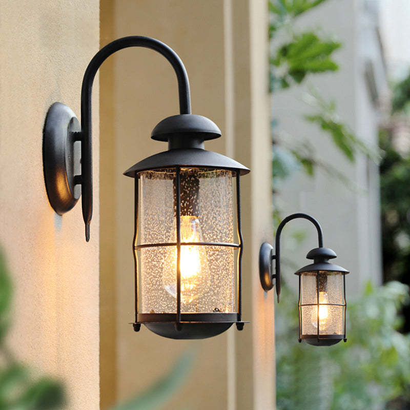 Contemporary Iron Frame Glass Cylinder Outdoor Wall Sconce