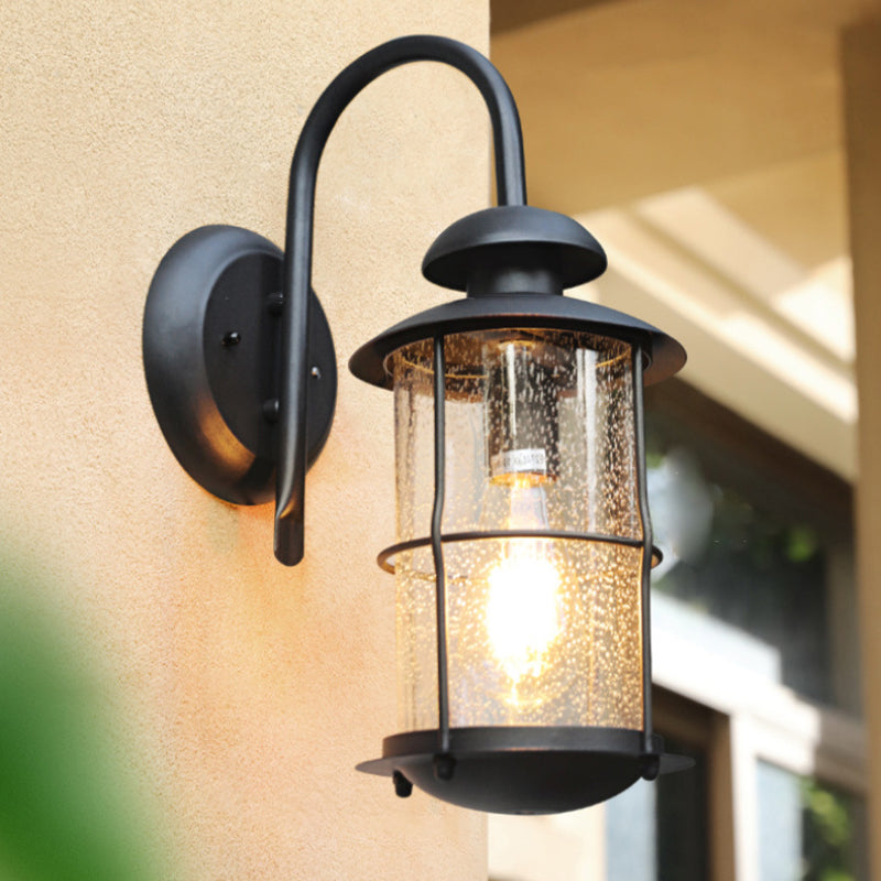 Contemporary Iron Frame Glass Cylinder Outdoor Wall Sconce