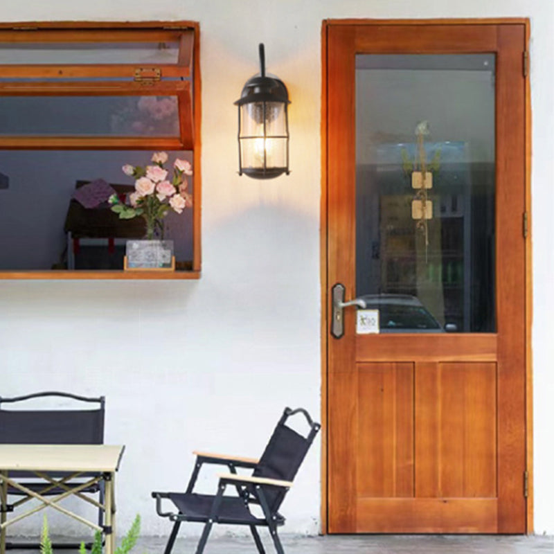 Contemporary Iron Frame Glass Cylinder Outdoor Wall Sconce