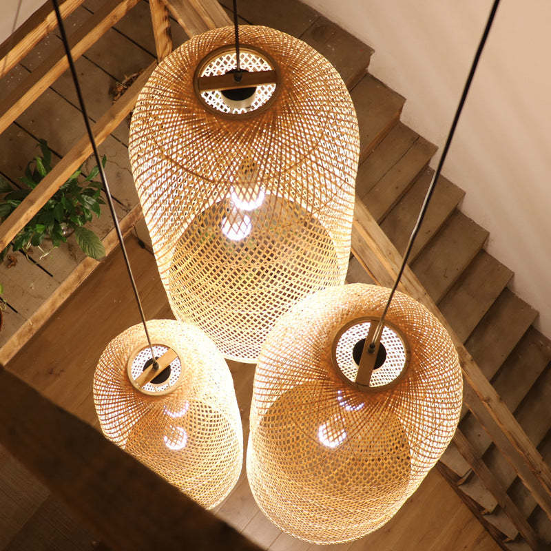 Japanese Bamboo Woven Cylinder Chandelier