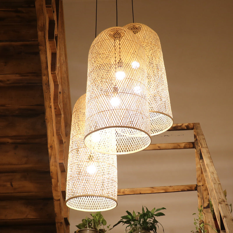 Japanese Bamboo Woven Cylinder Chandelier