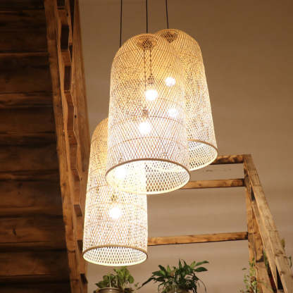 Japanese Bamboo Woven Cylinder Chandelier