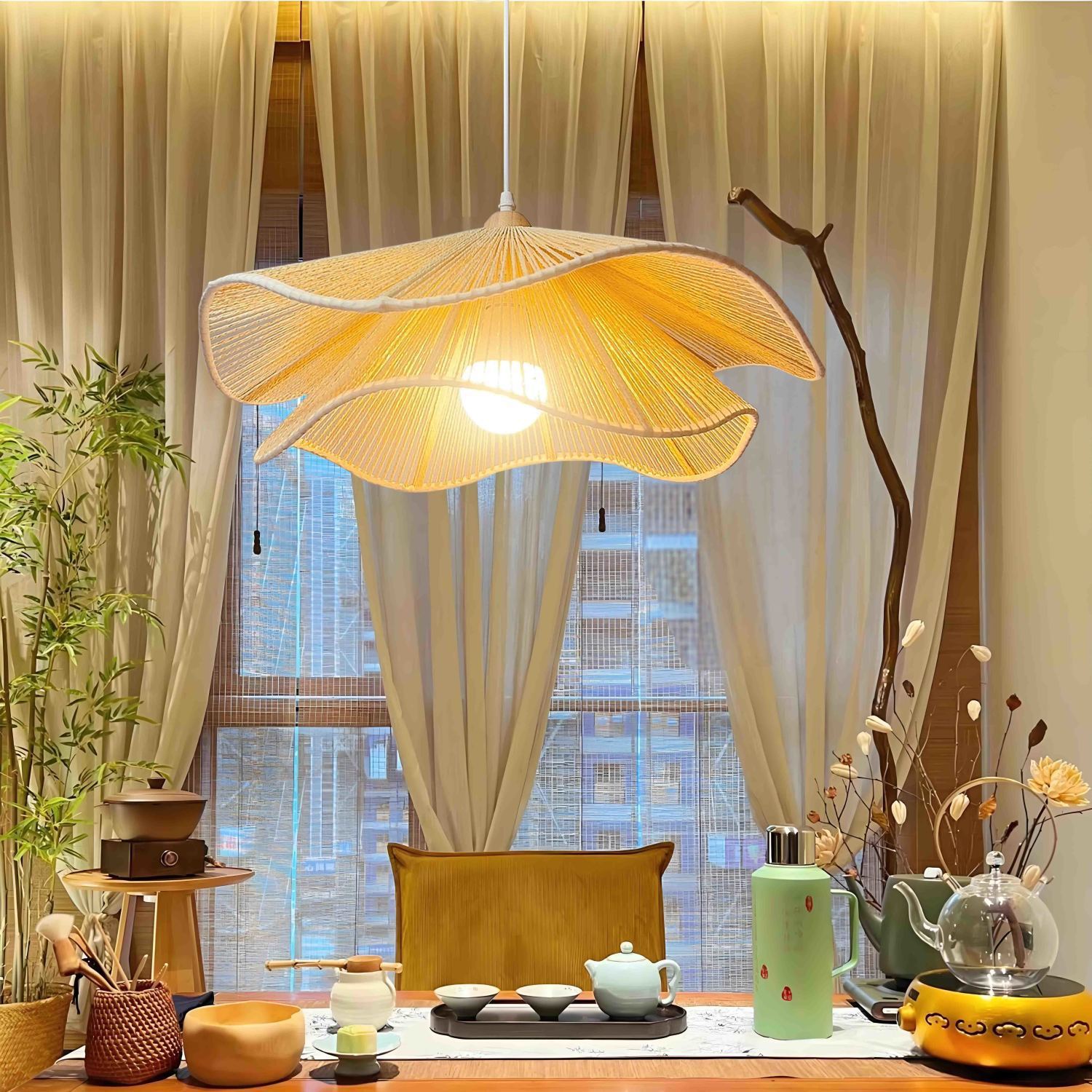 Traditional double corrugated brown wood pendant lighting, Lighom — 220V-240V (UK/AU)
