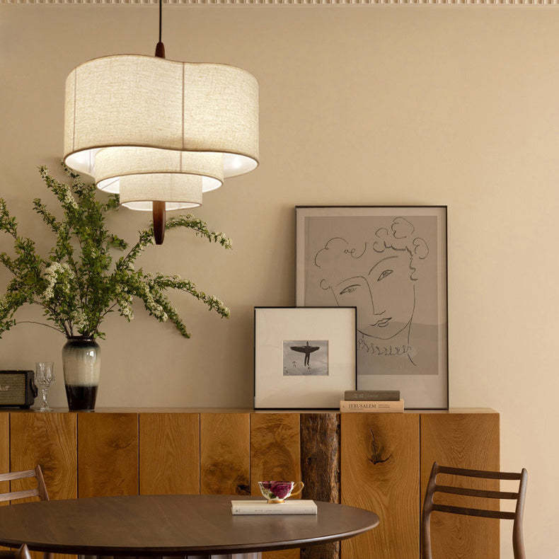 French Corrugated Fabric Solid Wood Pendant Light