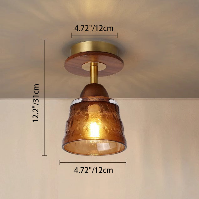 Retro Glass Cup Solid Wood 1-Light Semi-Flush Ceiling Light