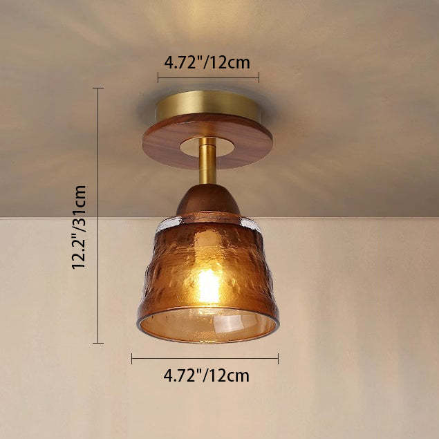 Retro Glass Cup Solid Wood 1-Light Semi-Flush Ceiling Light