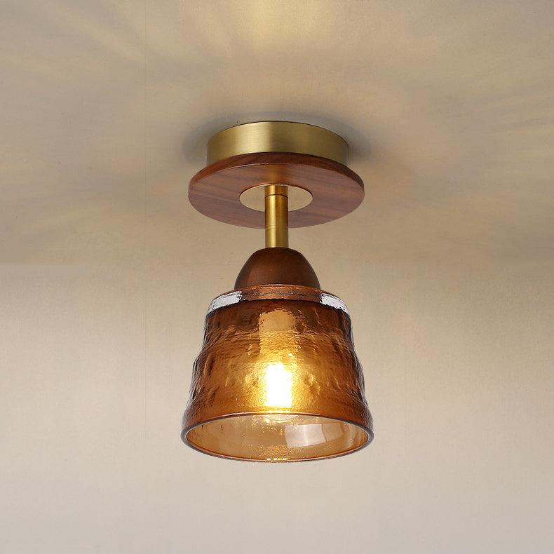 Retro Glass Cup Solid Wood 1-Light Semi-Flush Ceiling Light