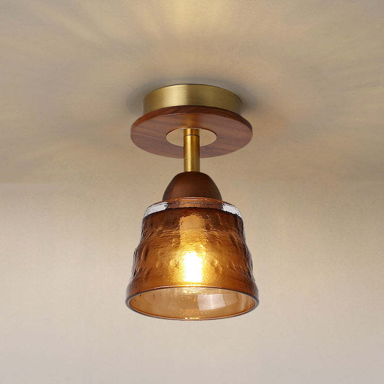 Retro Glass Cup Solid Wood 1-Light Semi-Flush Ceiling Light
