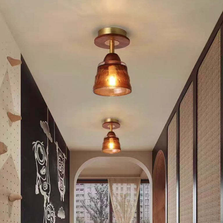 Retro Glass Cup Solid Wood 1-Light Semi-Flush Ceiling Light