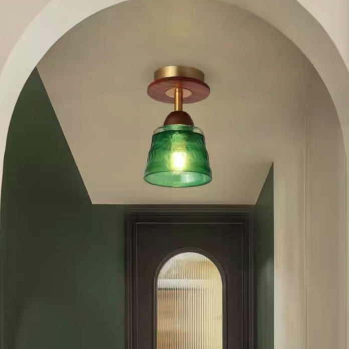 Retro Glass Cup Solid Wood 1-Light Semi-Flush Ceiling Light
