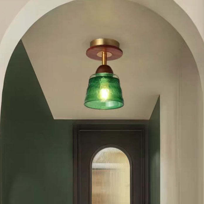 Retro Glass Cup Solid Wood 1-Light Semi-Flush Ceiling Light