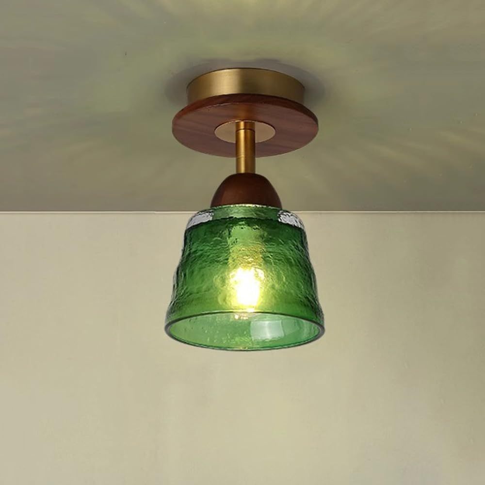 Retro Glass Cup Solid Wood 1-Light Semi-Flush Ceiling Light