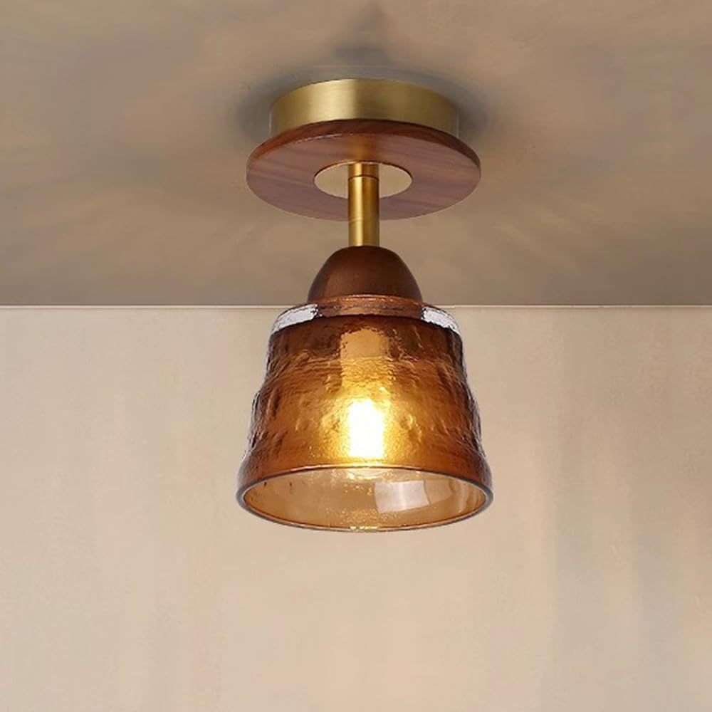 Retro Glass Cup Solid Wood 1-Light Semi-Flush Ceiling Light