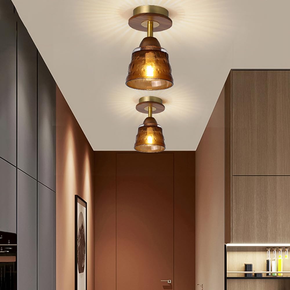 Retro Glass Cup Solid Wood 1-Light Semi-Flush Ceiling Light