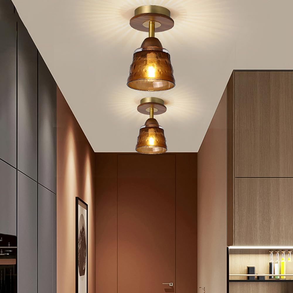 Retro Glass Cup Solid Wood 1-Light Semi-Flush Ceiling Light