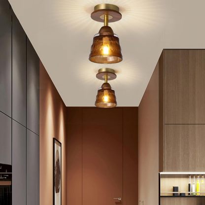 Retro Glass Cup Solid Wood 1-Light Semi-Flush Ceiling Light