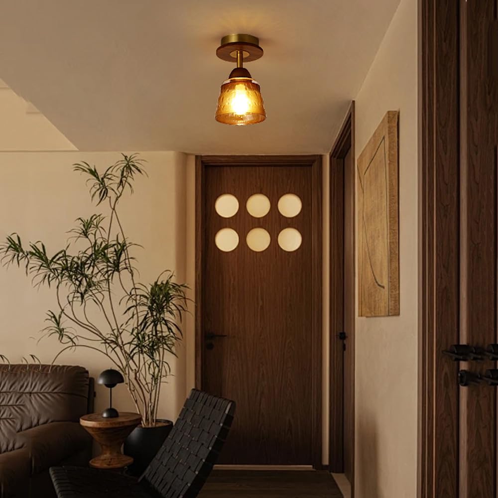 Retro Glass Cup Solid Wood 1-Light Semi-Flush Ceiling Light