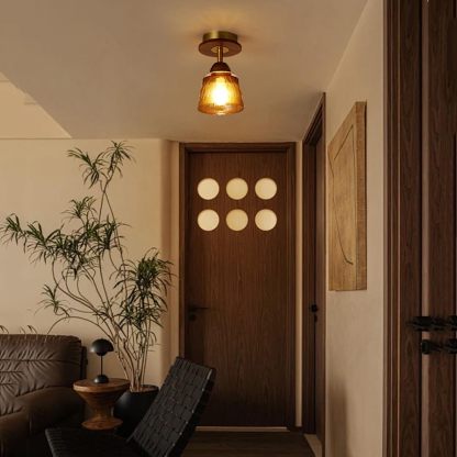 Retro Glass Cup Solid Wood 1-Light Semi-Flush Ceiling Light