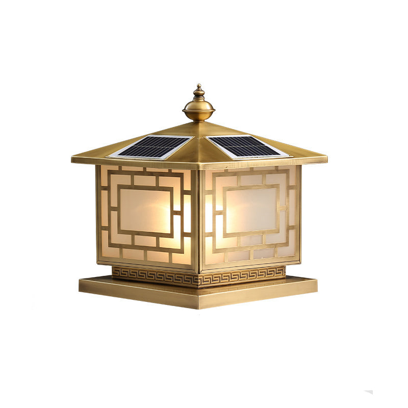 Chinese Square Copper Glass Solar Outdoor Post Light