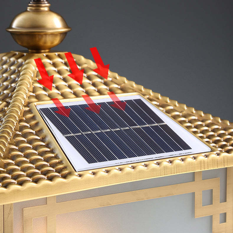 Chinese Square Copper Glass Solar Outdoor Post Light