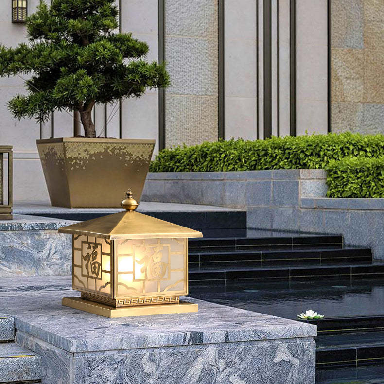 Chinese Square Copper Glass Solar Outdoor Post Light