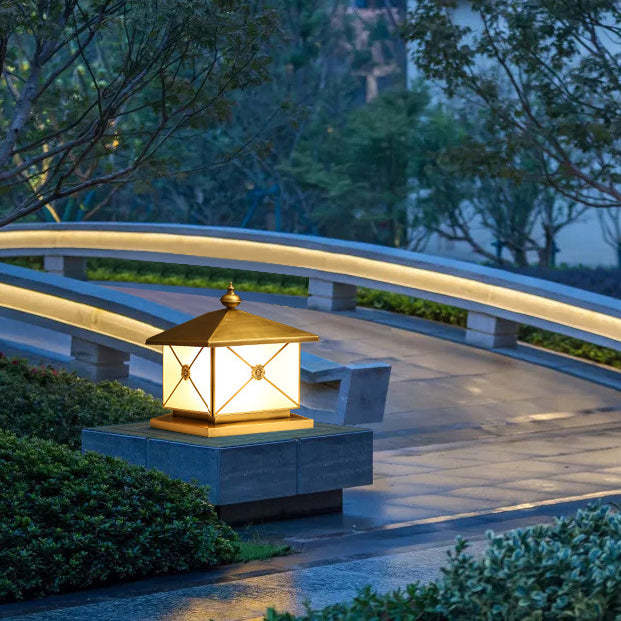 Chinese Square Copper Glass Solar Outdoor Post Light