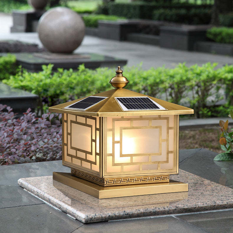 Chinese Square Copper Glass Solar Outdoor Post Light