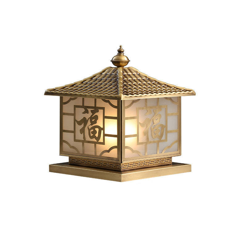 Chinese Square Copper Glass Solar Outdoor Post Light