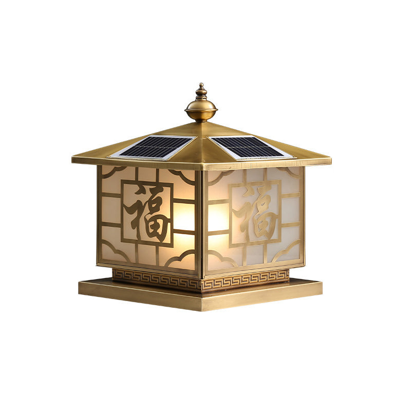 Chinese Square Copper Glass Solar Outdoor Post Light