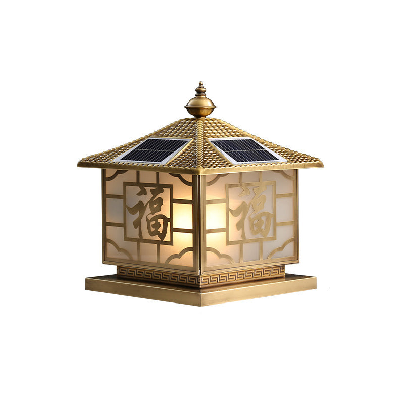 Chinese Square Copper Glass Solar Outdoor Post Light