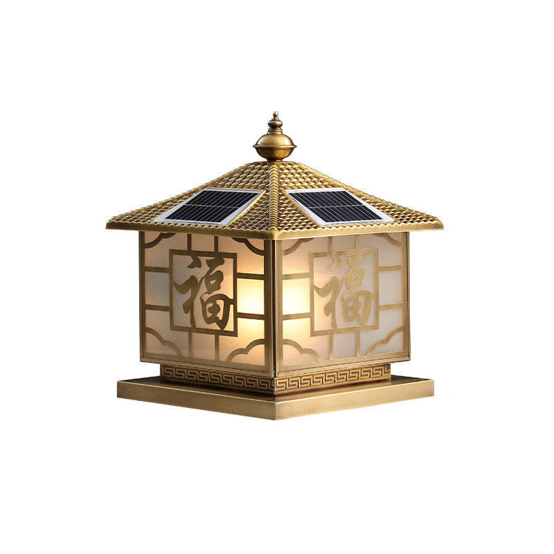 Chinese Square Copper Glass Solar Outdoor Post Light