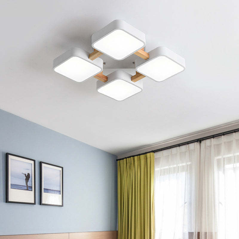 Scandinavian Macaron Wood Square Ceiling Light — 4 - White / 220V-240V For UK/AU / Infinitely Dimmable
