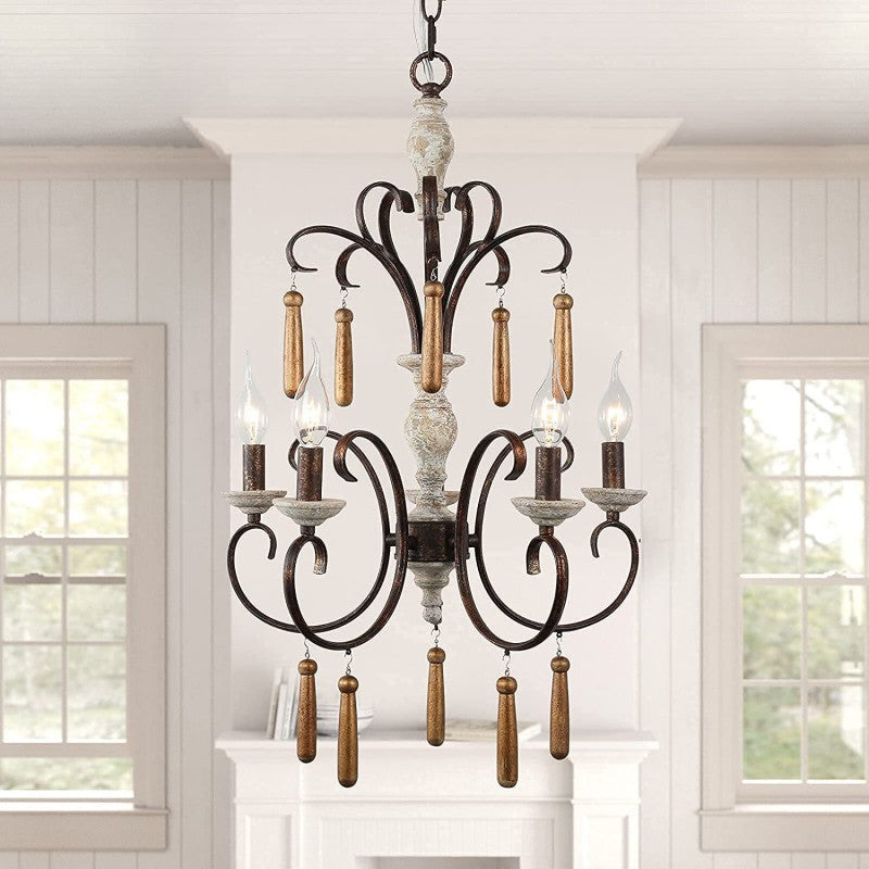 Rustic Distressed Solid Wood Candelabra Chandelier — 220V-240V For UK/AU