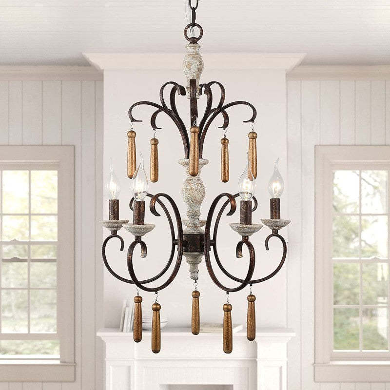 Rustic Distressed Solid Wood Candelabra Chandelier — 220V-240V For UK/AU
