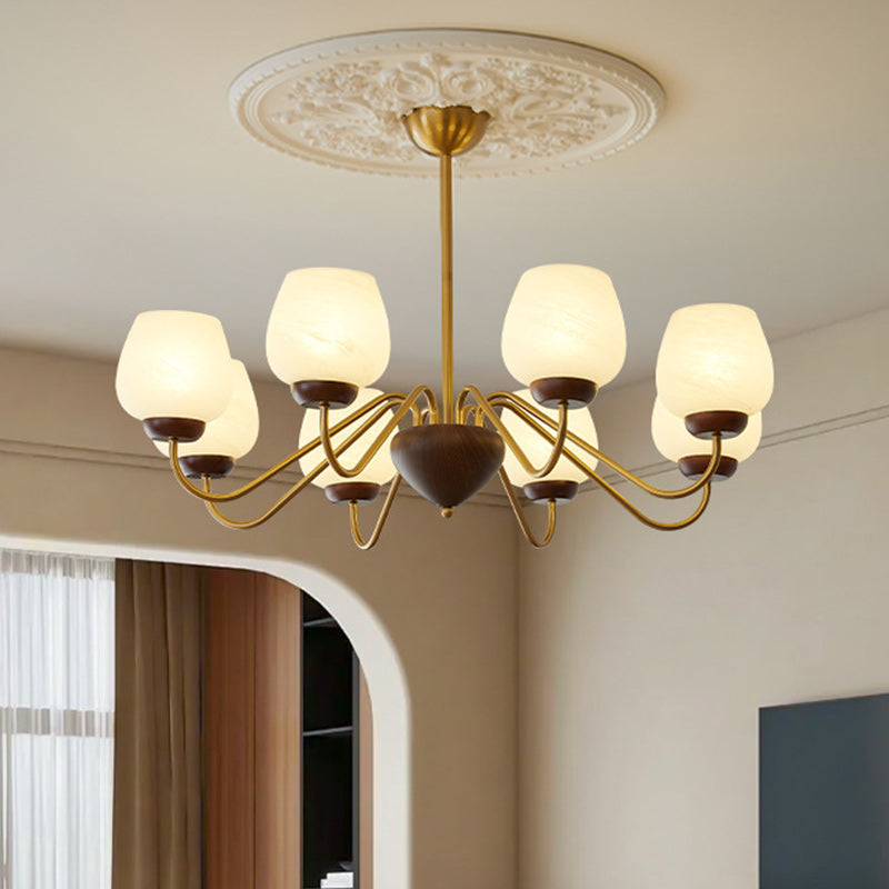 French Solid Wood Curved Iron Glass Cup Chandelier