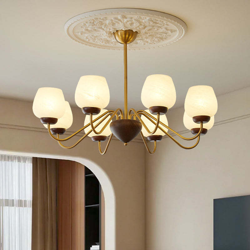 French Solid Wood Curved Iron Glass Cup Chandelier