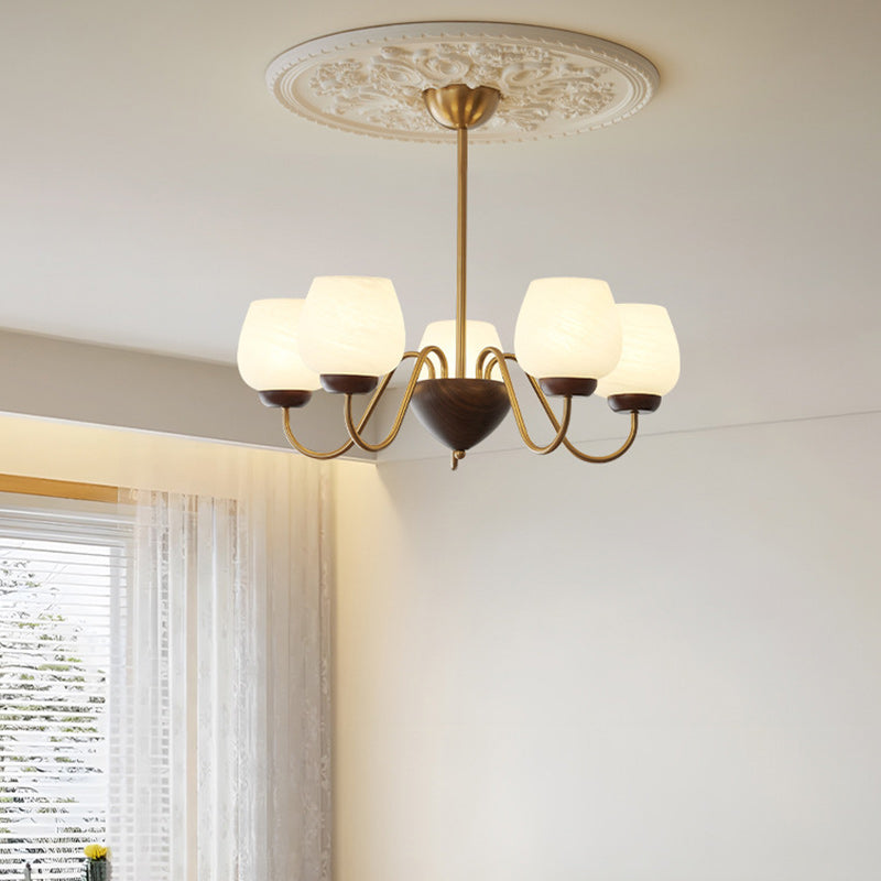 French Solid Wood Curved Iron Glass Cup Chandelier