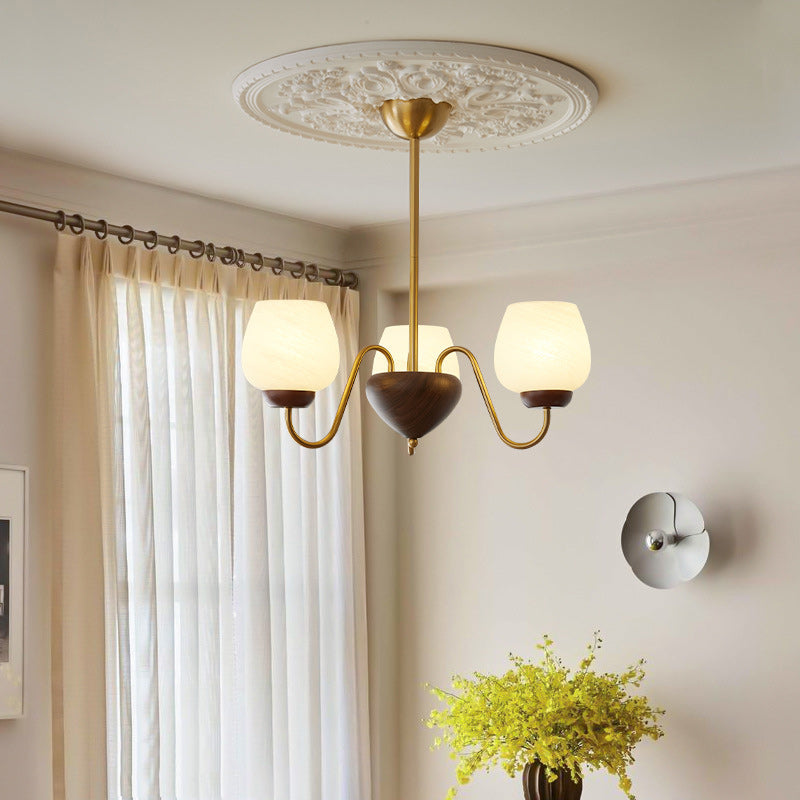 French Solid Wood Curved Iron Glass Cup Chandelier