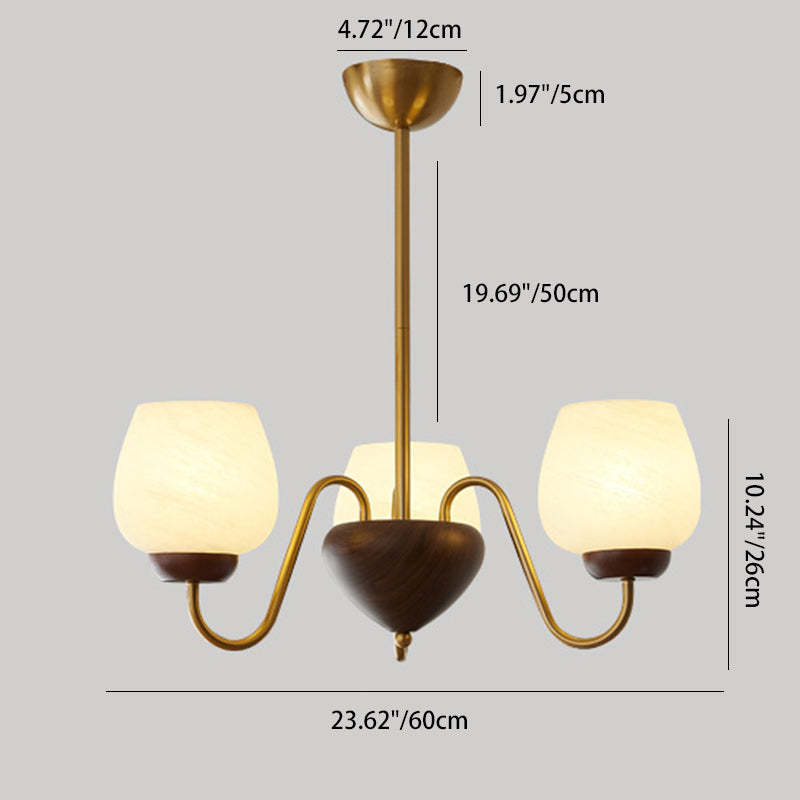 French Solid Wood Curved Iron Glass Cup Chandelier