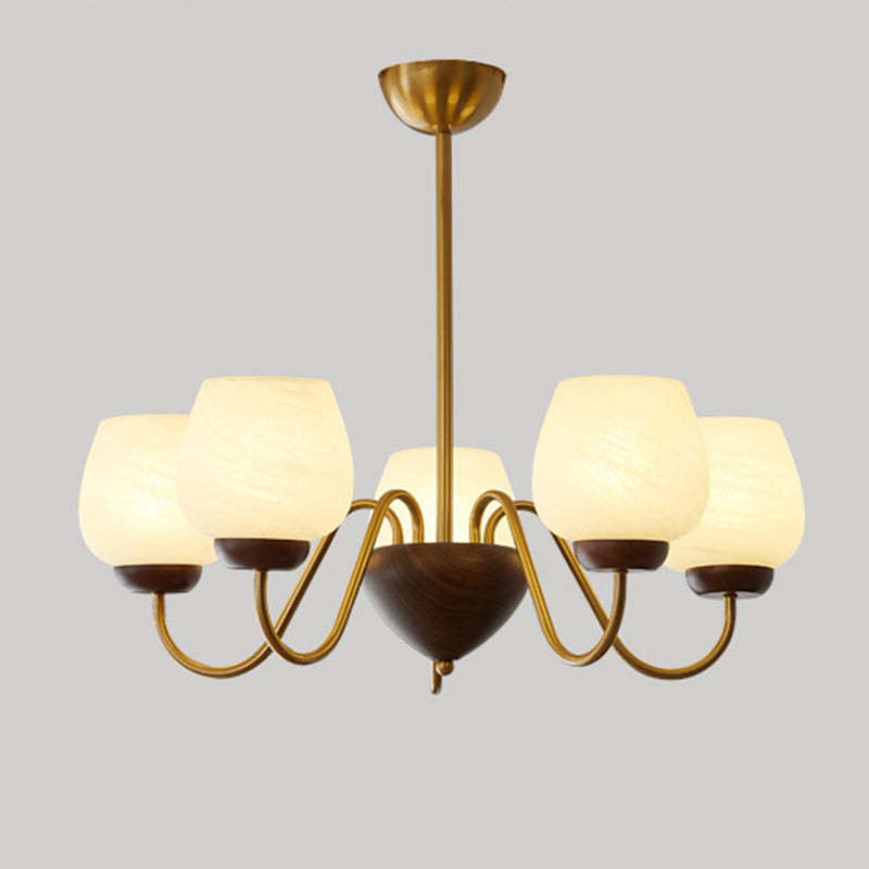French Solid Wood Curved Iron Glass Cup Chandelier