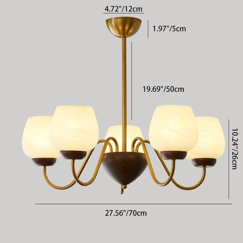 French Solid Wood Curved Iron Glass Cup Chandelier