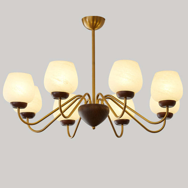 French Solid Wood Curved Iron Glass Cup Chandelier