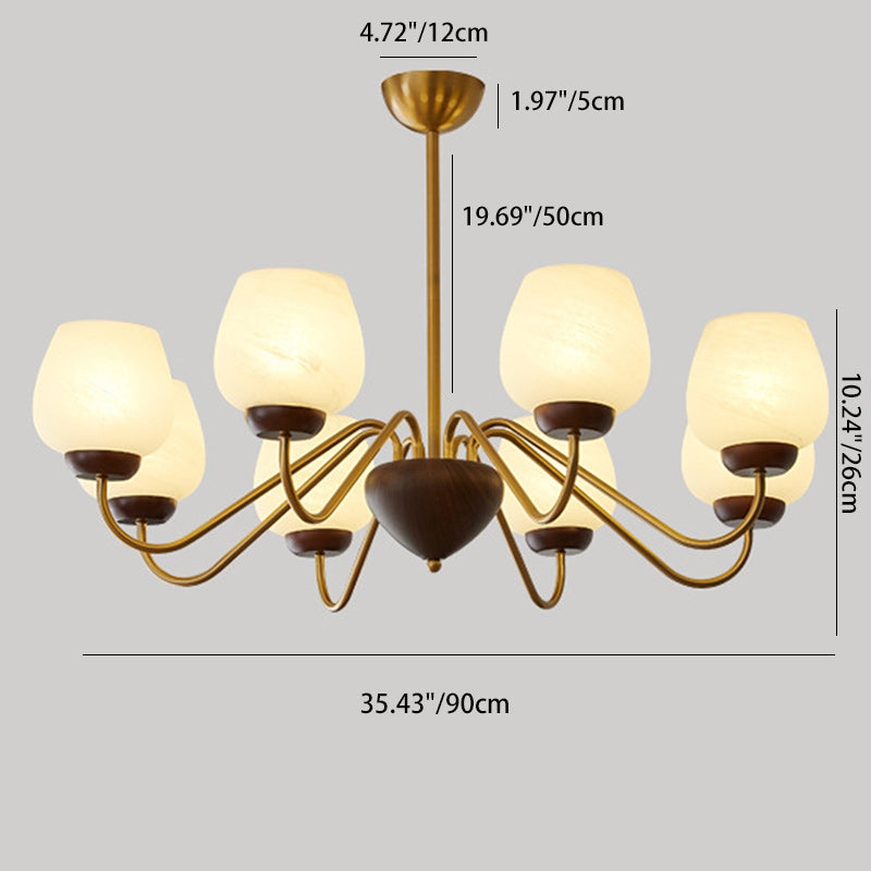 French Solid Wood Curved Iron Glass Cup Chandelier