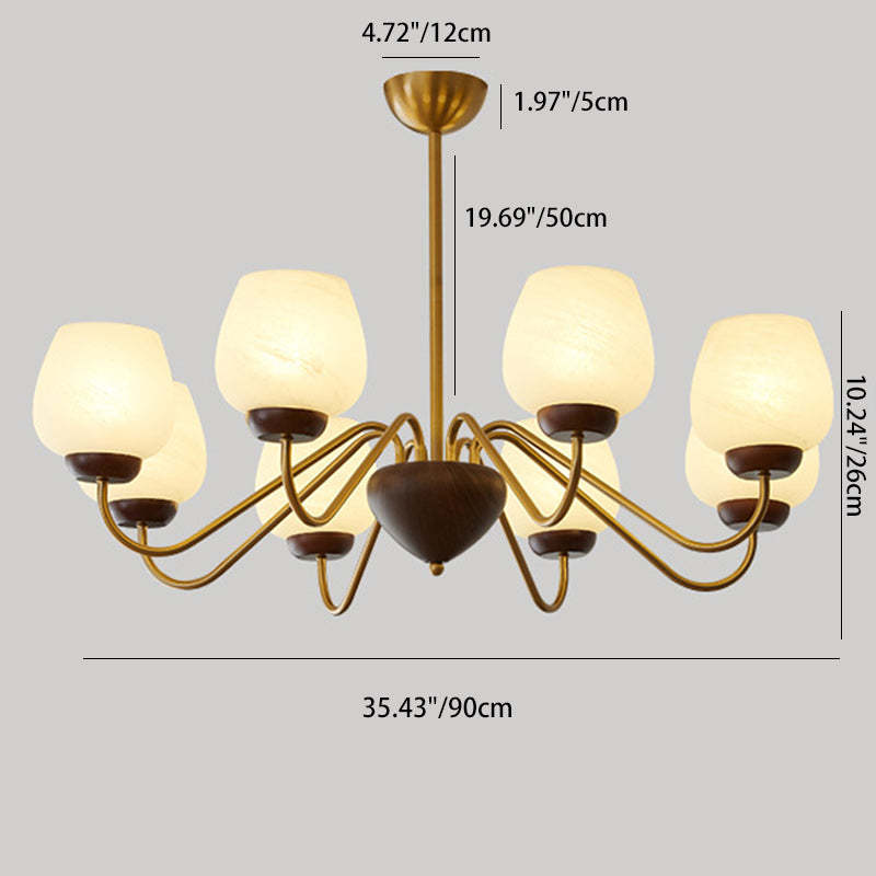 French Solid Wood Curved Iron Glass Cup Chandelier