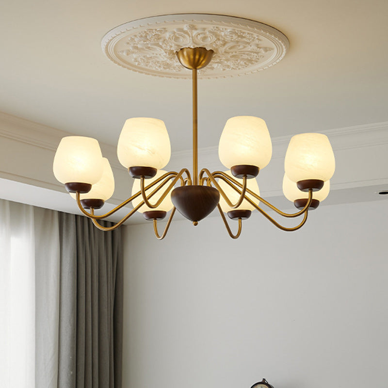 French Solid Wood Curved Iron Glass Cup Chandelier